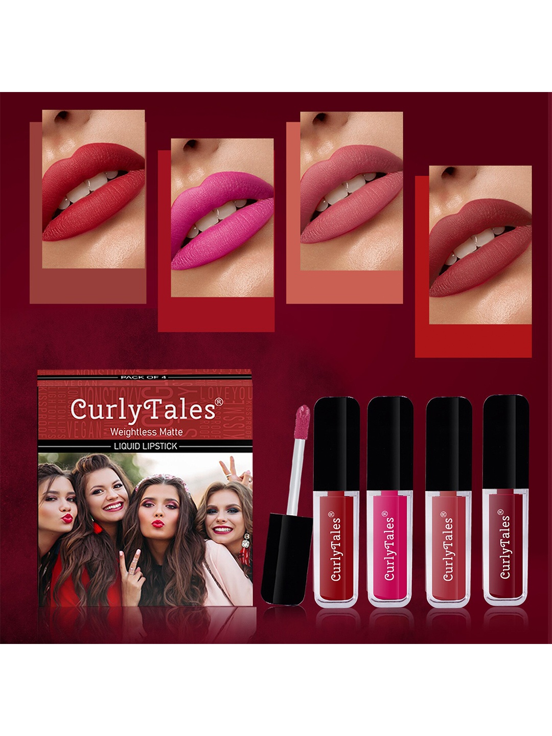 

CurlyTales Set Of 4 Weightless Matte Liquid Lipsticks - 3 ml Each, Multi