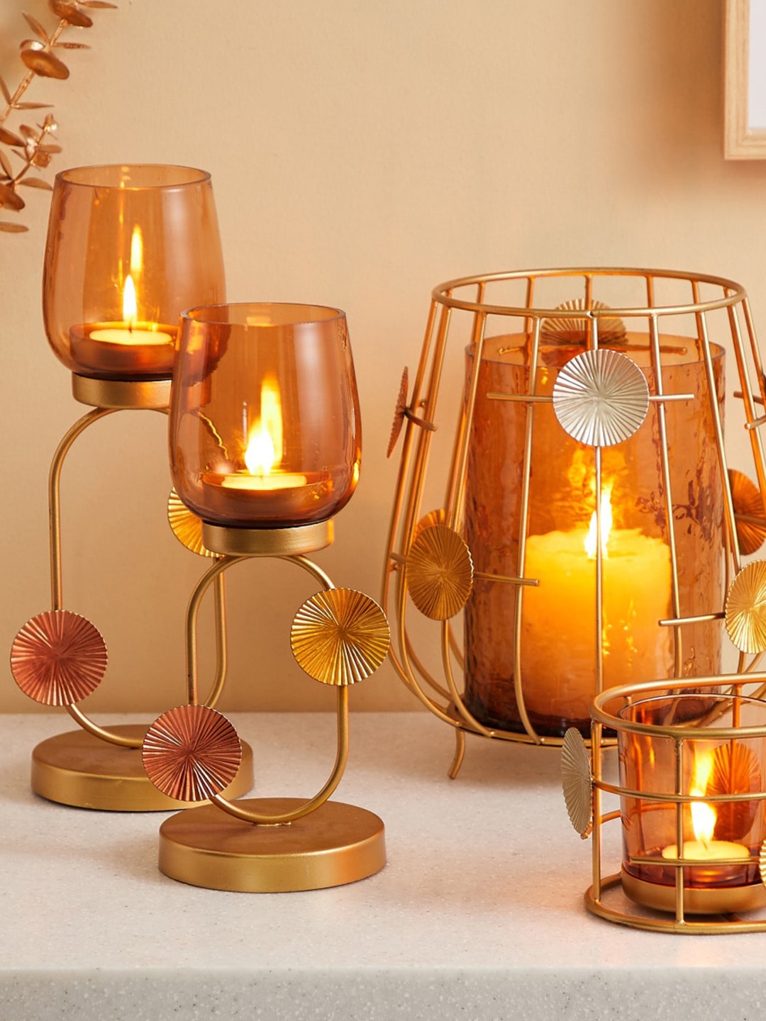 

Home Centre Gold-Toned & Brown Splendid-Dastkari Glass Pedestal T-Light Holder