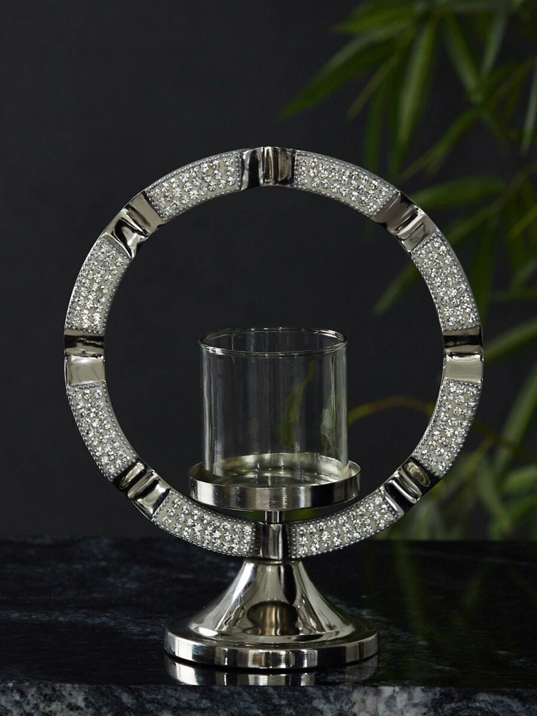 

Home Centre Silver-Toned Stone Embellished Fiesta Metal And Glass Hurricane Candle Holder