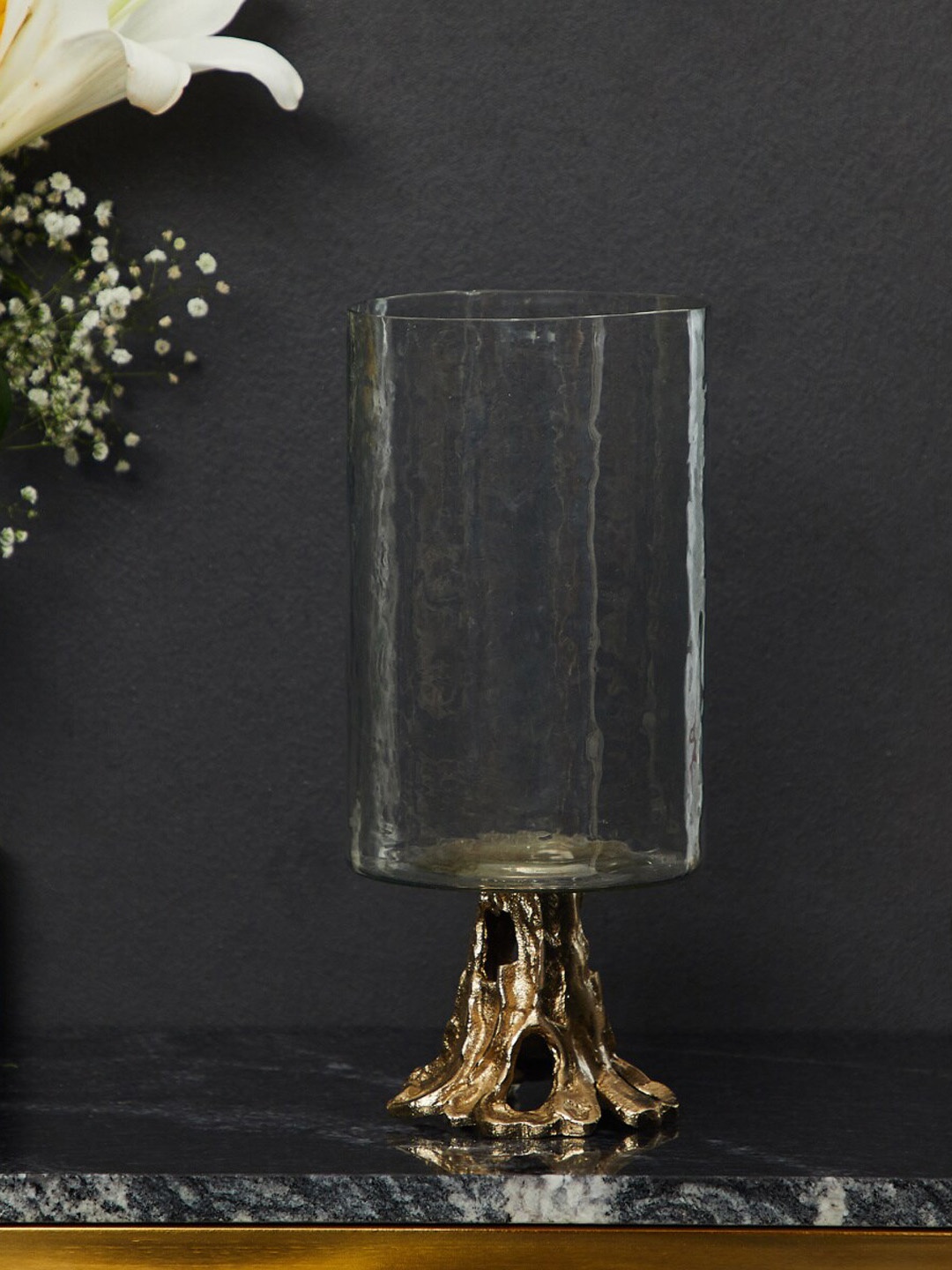 

Home Centre Eternity Glass and Aluminium Hurricane Candle Holder, Gold