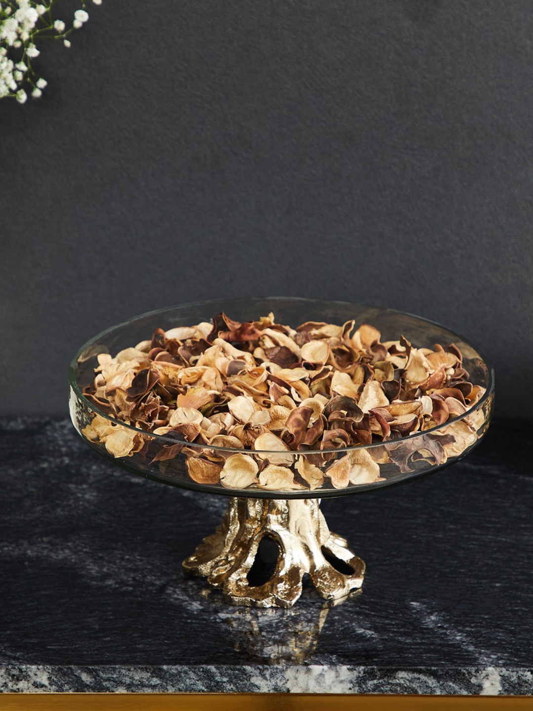 

Home Centre Eternity Gold-Toned Glass and Aluminium Decorative Platter with Stand