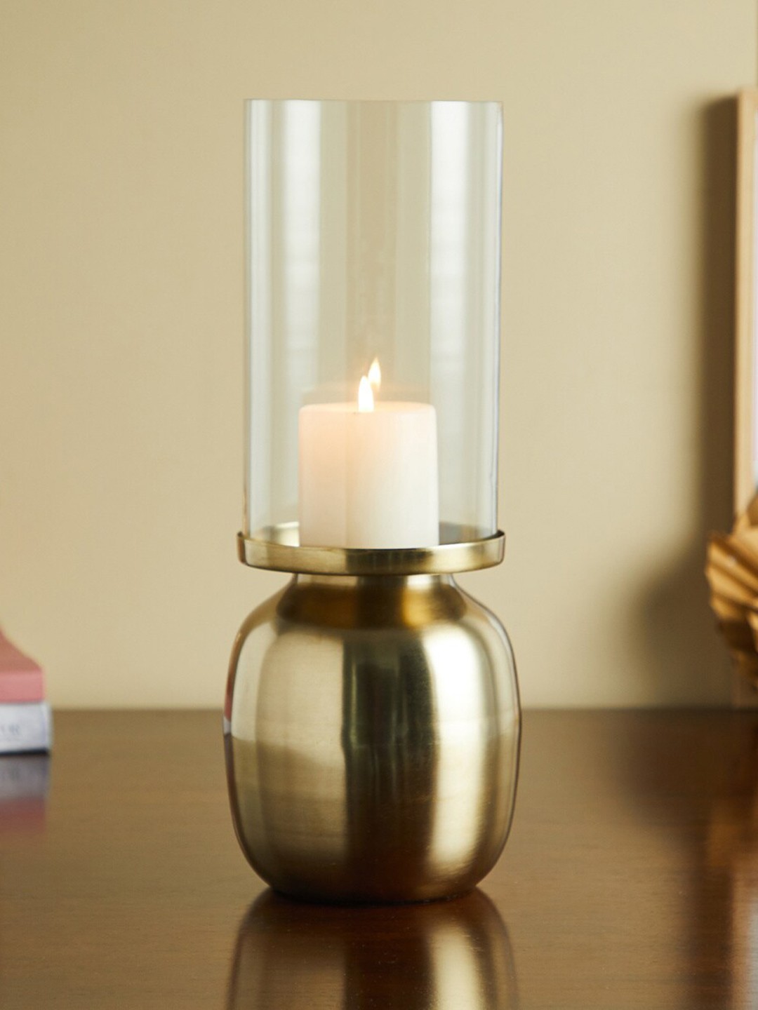 

Home Centre Gold-Toned Glass & Iron Hurricane Candle Holder