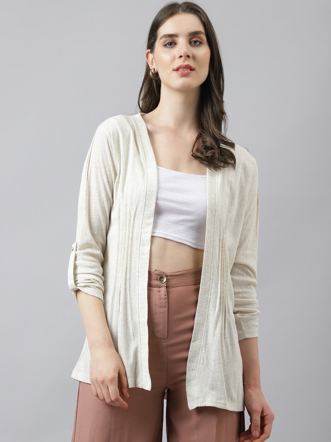 

Latin Quarters Women Full Sleeve Linen Blend Shrug, Beige