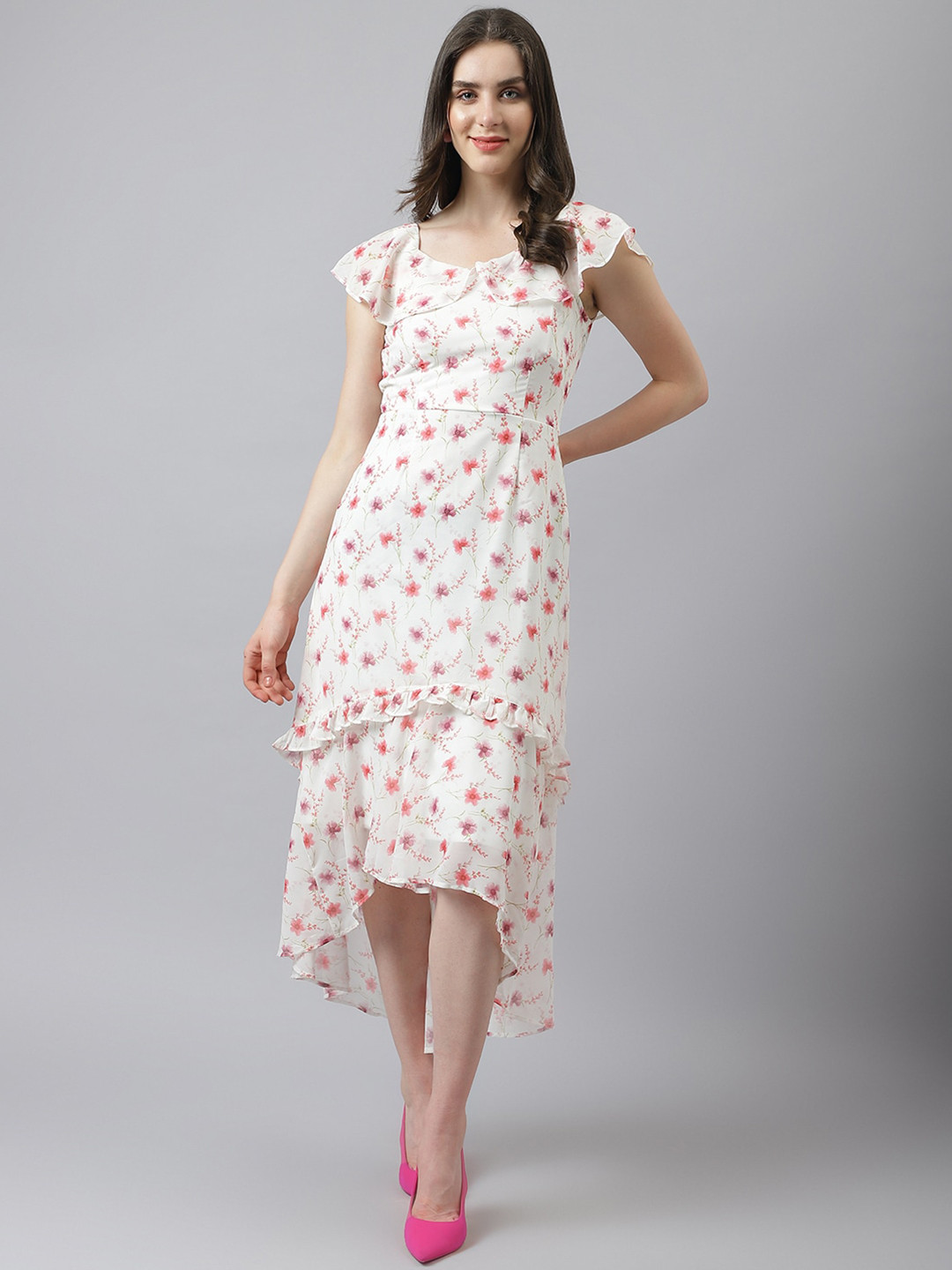 

Latin Quarters Round Neck Floral Printed Layered A-Line Midi Dress, White