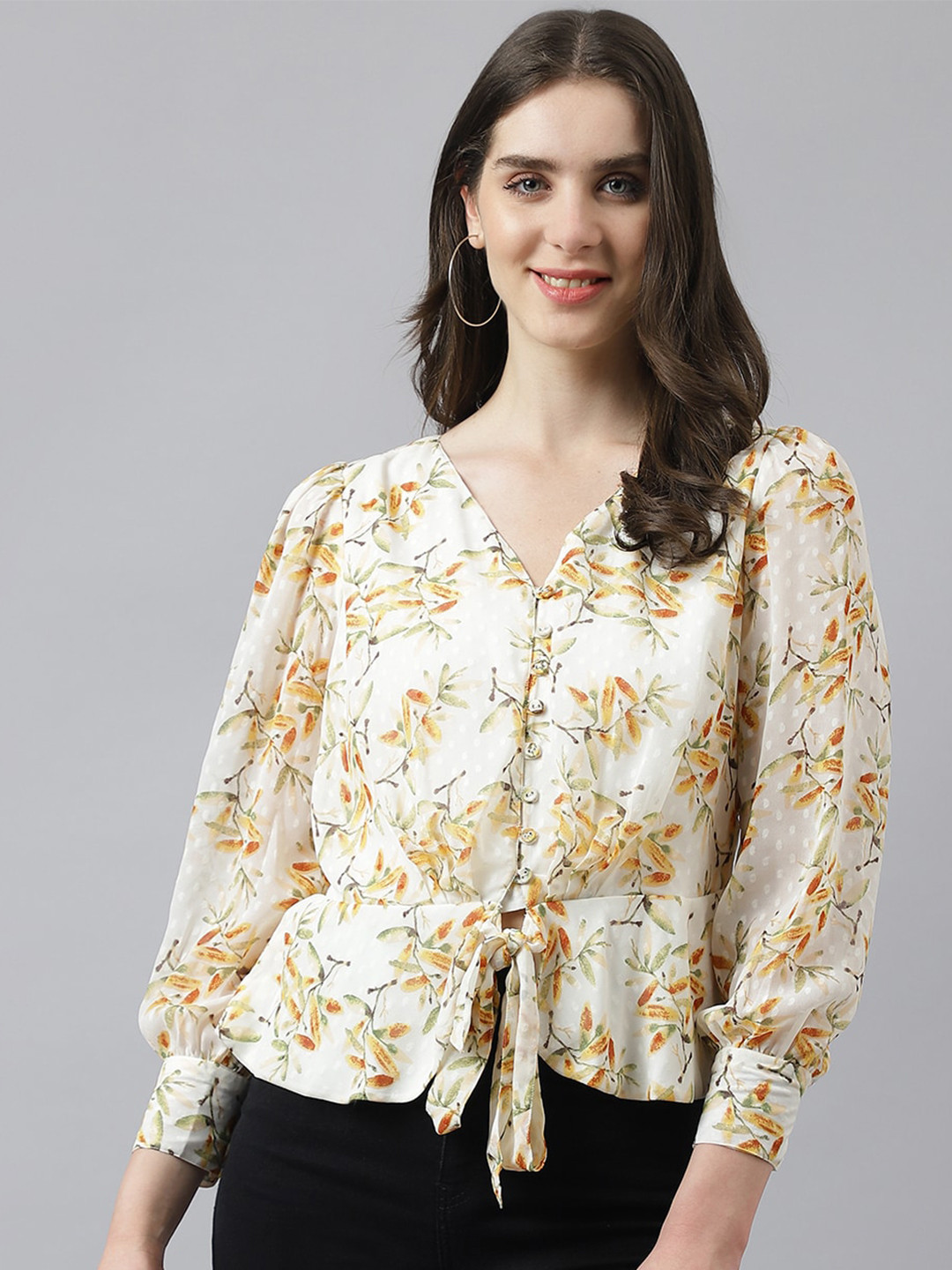 

Latin Quarters Floral Printed V-Neck Puff Sleeve Waist Tie-Ups Top, White