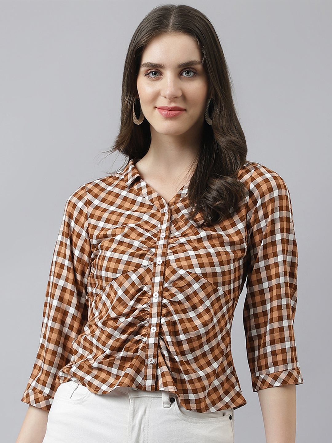 

Latin Quarters Checked Gathered Shirt Style Top, Brown