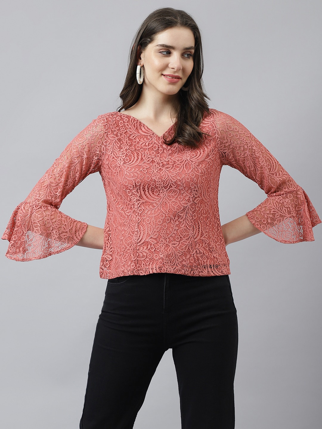 

Latin Quarters Self Design Bell Sleeves Lace Top, Rose