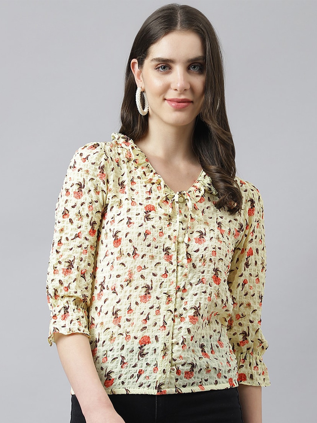 

Latin Quarters Floral Print Bell Sleeves Shirt Style Top, Yellow