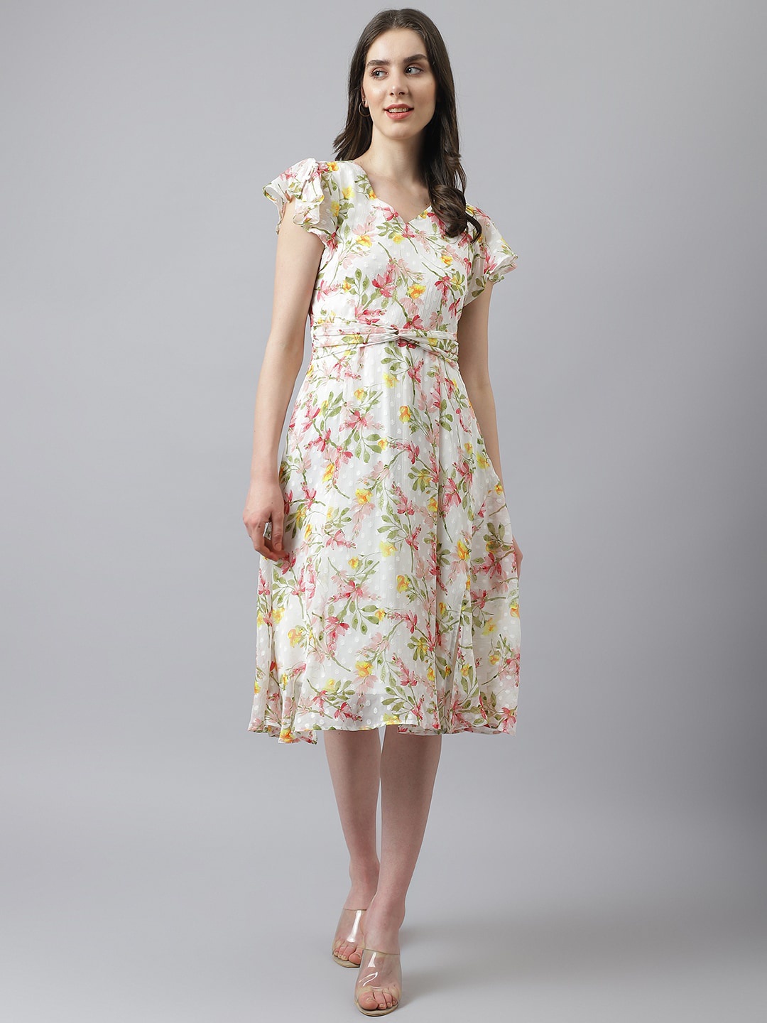 

Latin Quarters V-Neck Floral Printed Ruffles A-Line Dress, Off white