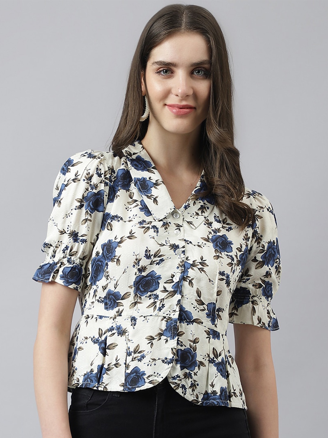 

Latin Quarters Floral Printed Shirt Style Top, White
