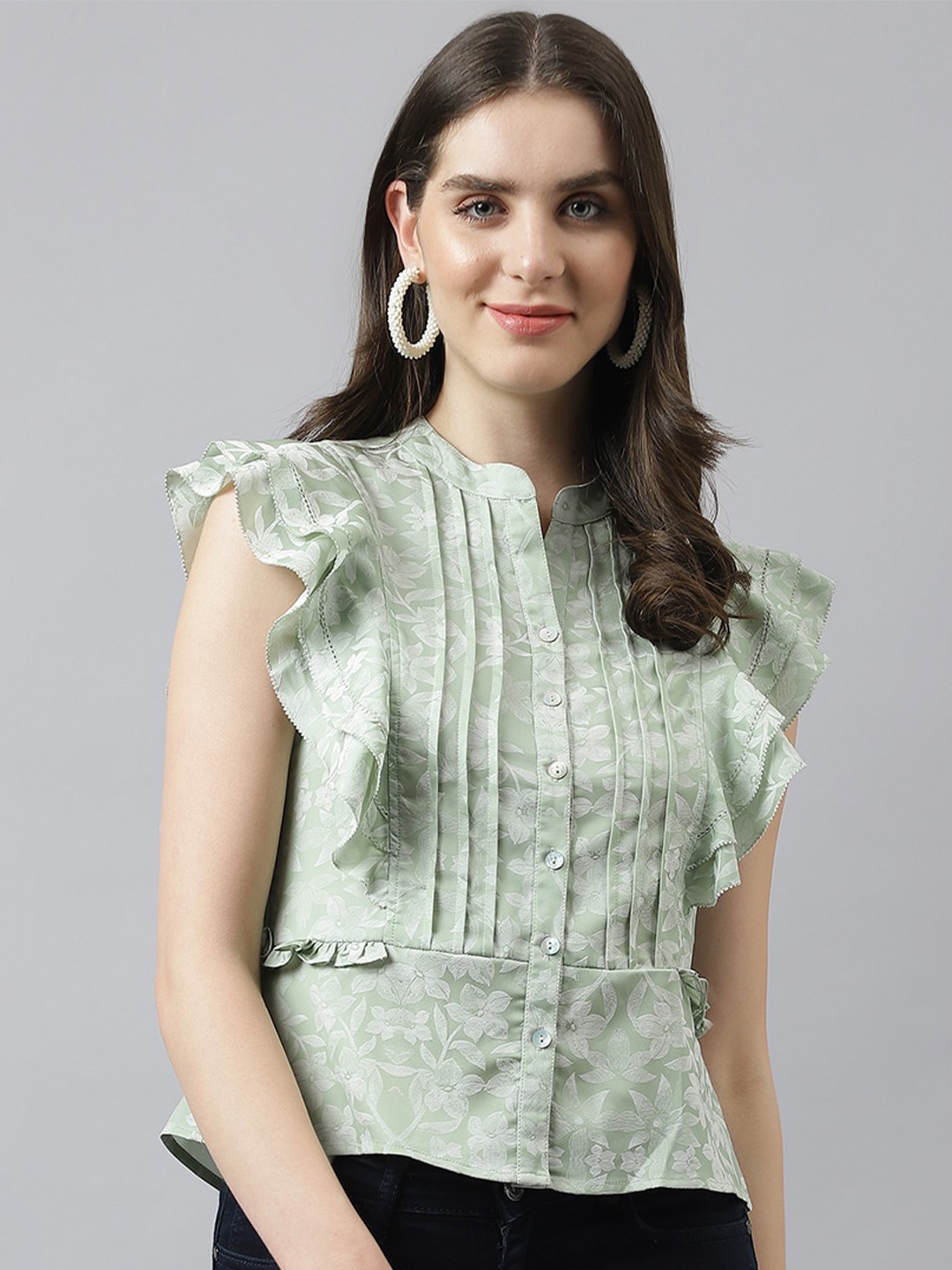

Latin Quarters Floral Print Mandarin Collar Flutter Sleeves Shirt Style Top, Green