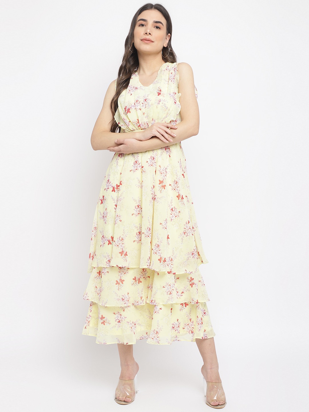 

Latin Quarters V-Neck Floral Printed Layered Midi Fit & Flare Dress, Yellow