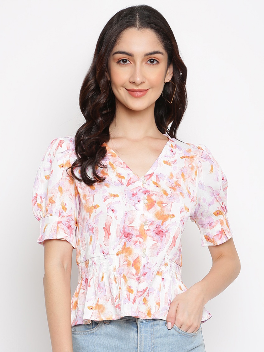 

Latin Quarters Abstract Printed Puff Sleeves Peplum Top, White