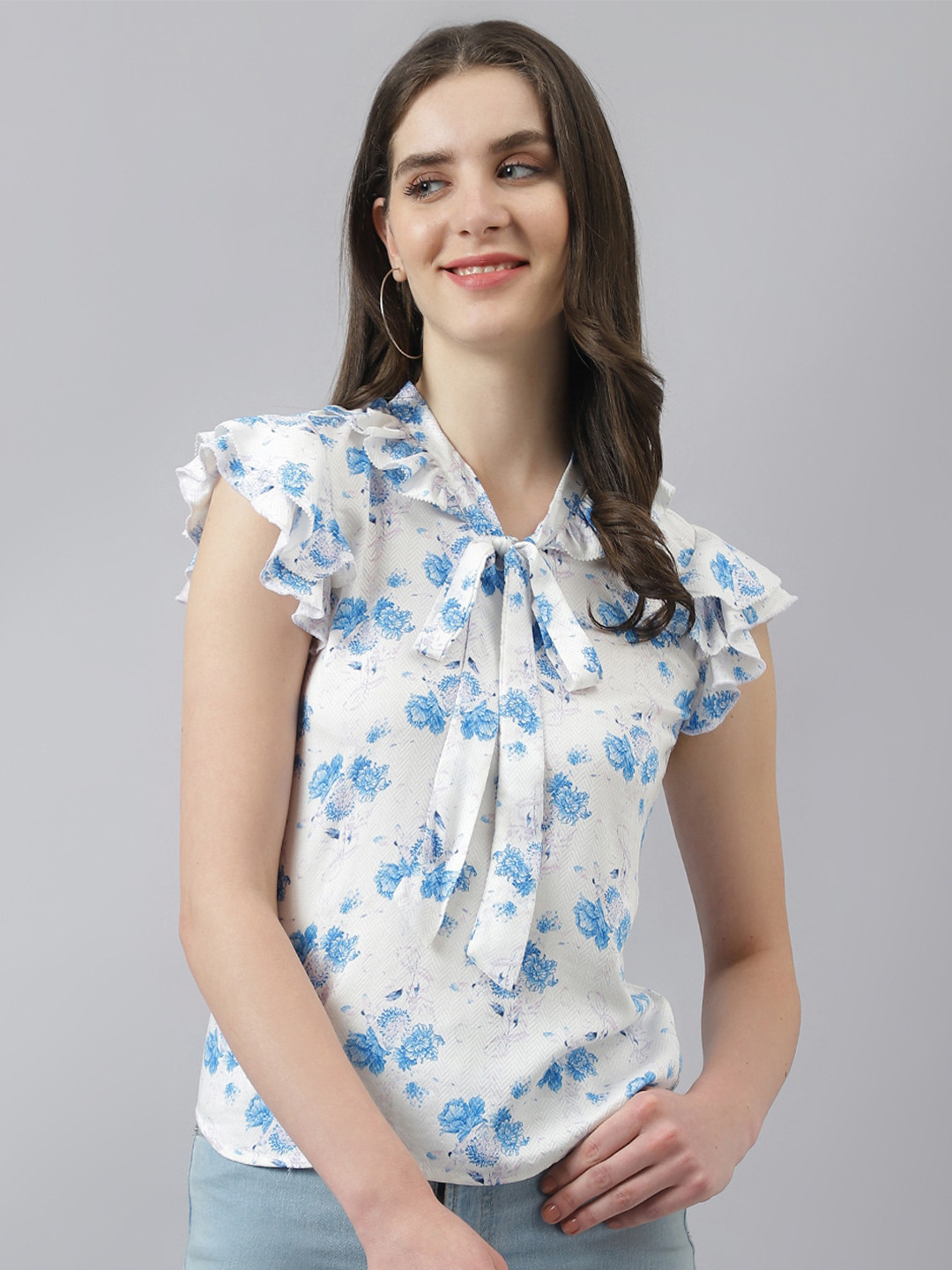 

Latin Quarters Floral Print Tie-Up Neck Flutter Sleeve Top, White