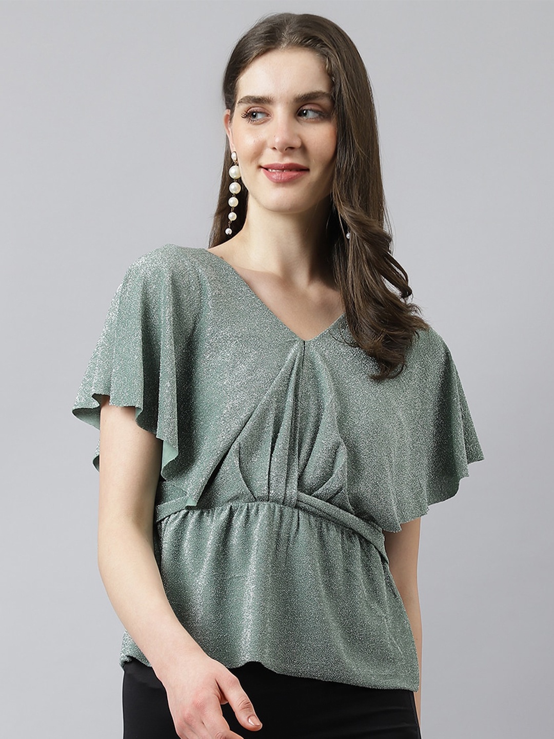 

Latin Quarters Flared Sleeves Chinched Waist Top, Green