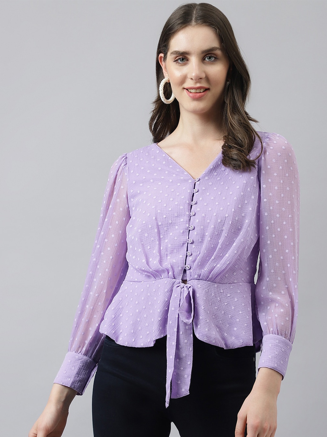 

Latin Quarters Polka Dot Cinched Waist Top, Purple