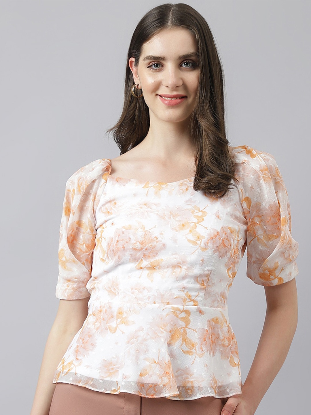 

Latin Quarters Floral Printed Square Neck Puff Sleeve Peplum Top, White