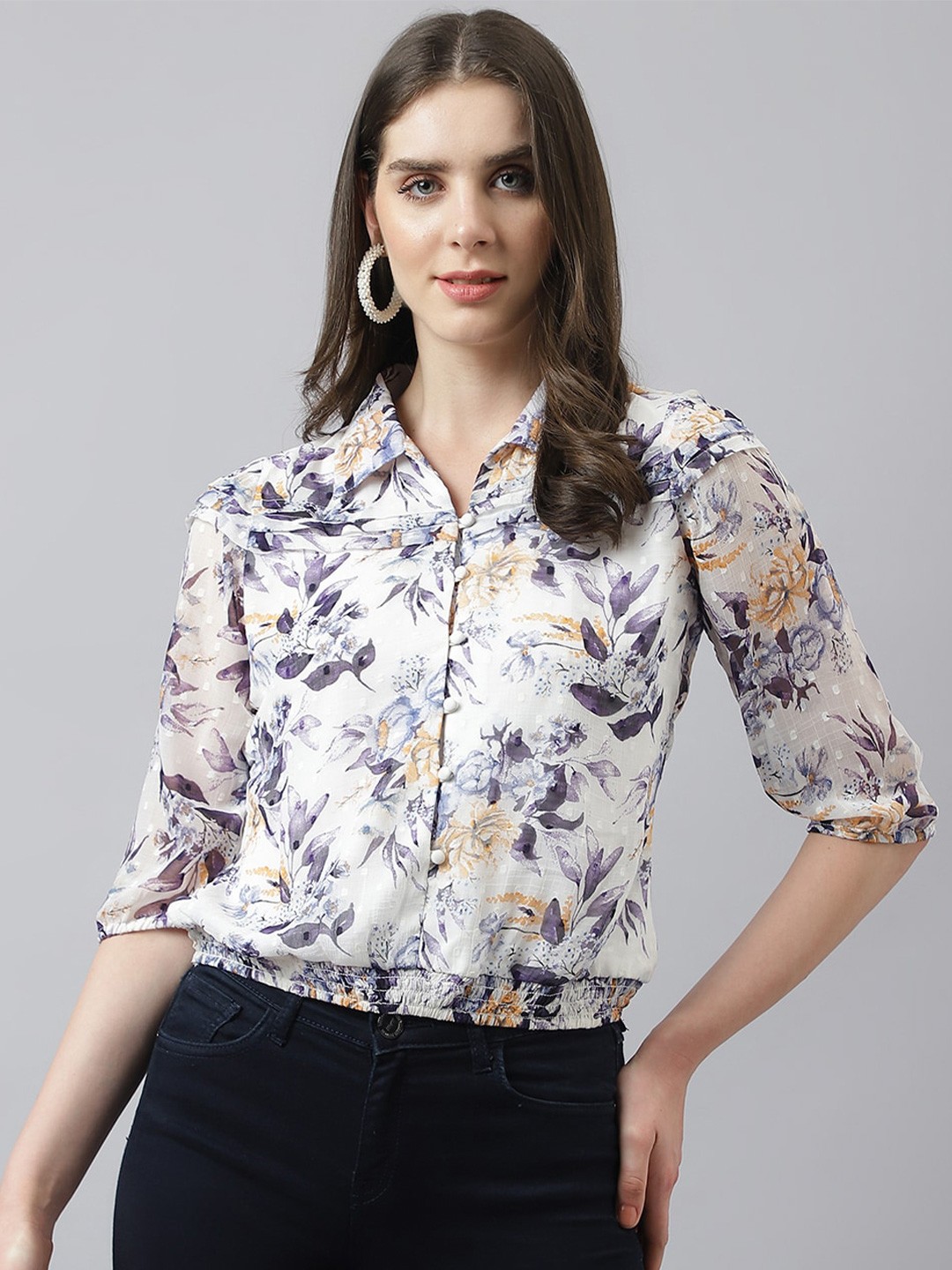 

Latin Quarters Floral Printed Smocked Shirt Style Top, White