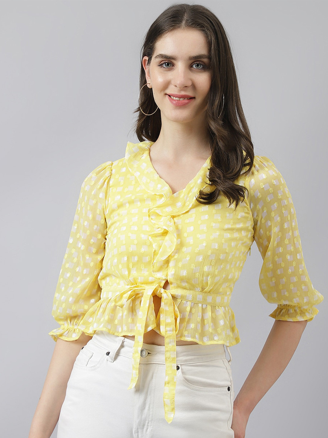 

Latin Quarters Floral Print Waist Tie-Ups Cinched Waist Crop Top, Yellow
