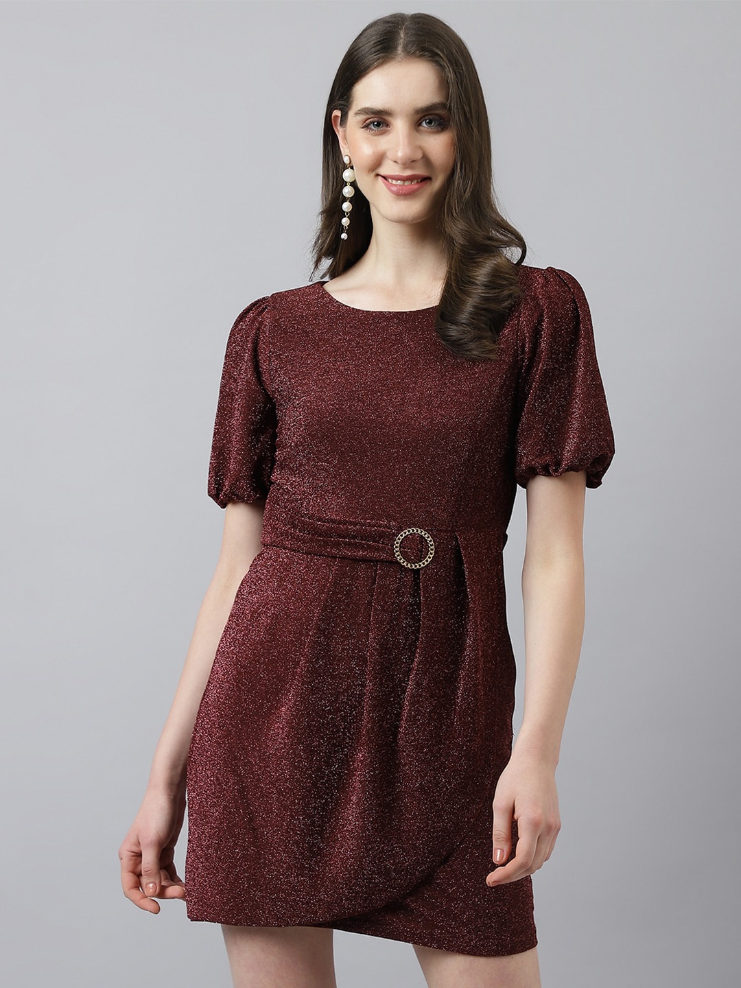 

Latin Quarters Self Design Puff Sleeves Sheath Mini Dress, Maroon