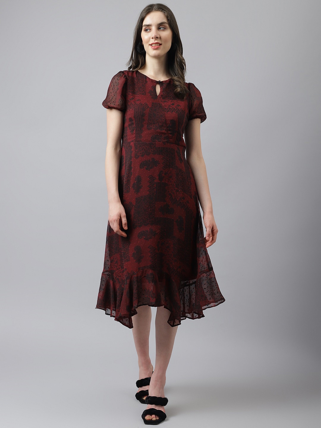 

Latin Quarters Keyhole Neck Ethnic Motifs Printed A-Line Midi Dress, Maroon