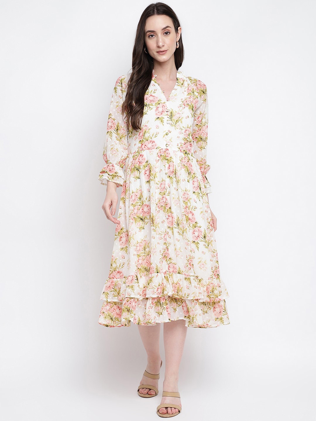 

Latin Quarters Floral Printed Bell Sleeves Fit & Flare Midi Dress, White
