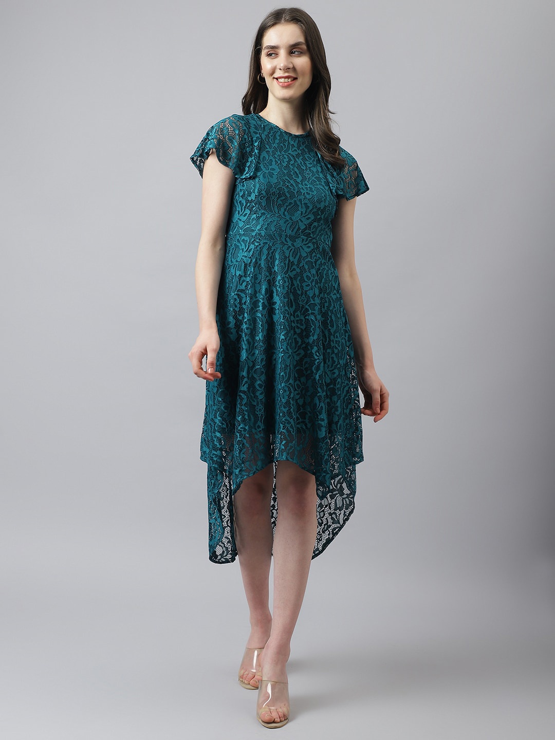 

Latin Quarters Self Design High-Low Flutter Sleeves Lace A-Line Dress, Teal