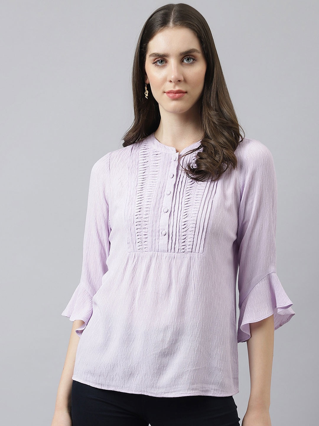 

Latin Quarters Mandarin Collar Bell Sleeves Pleated Top, Purple