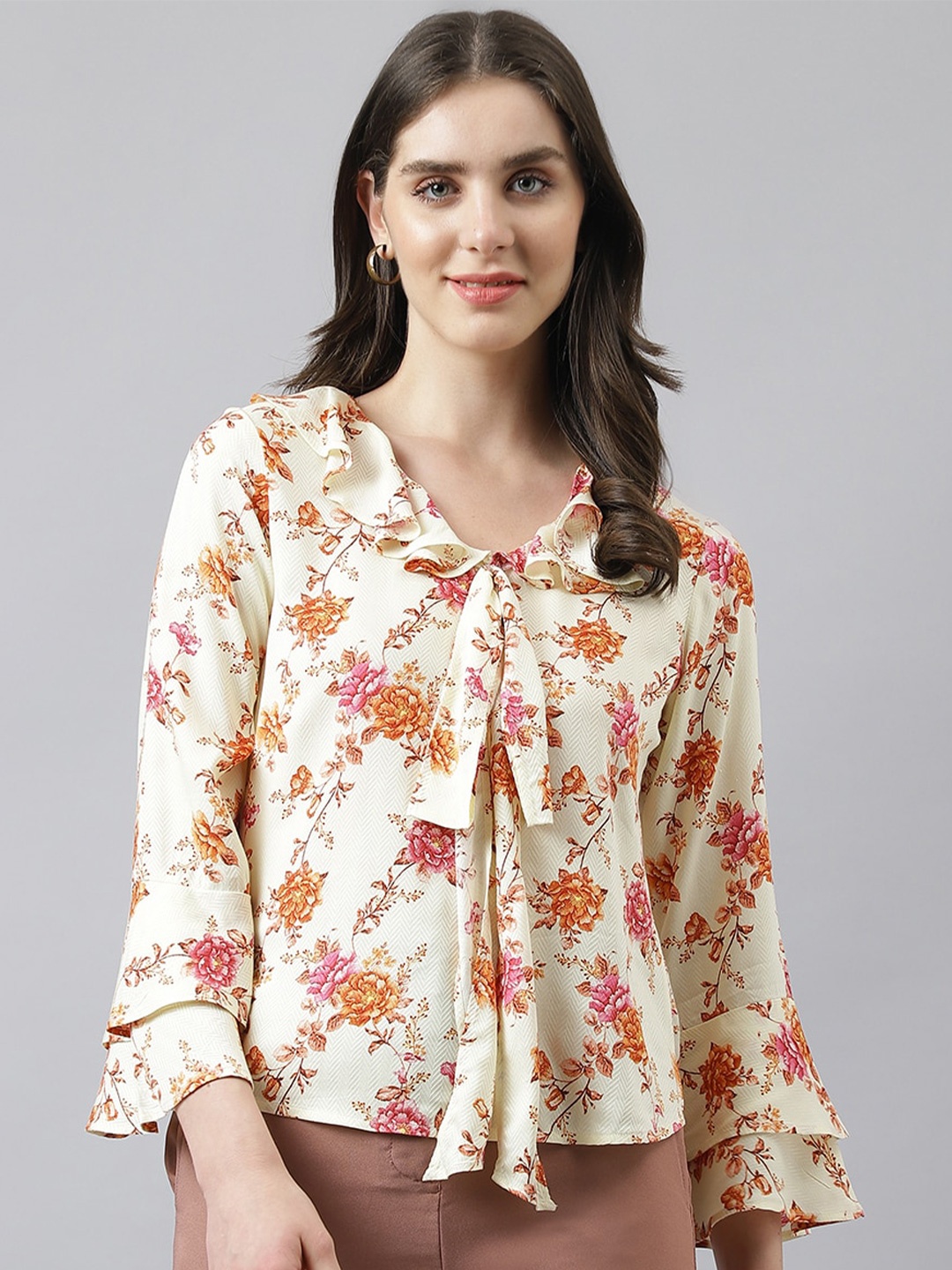 

Latin Quarters Floral Print Tie-Up Neck Bell Sleeve Top, Cream