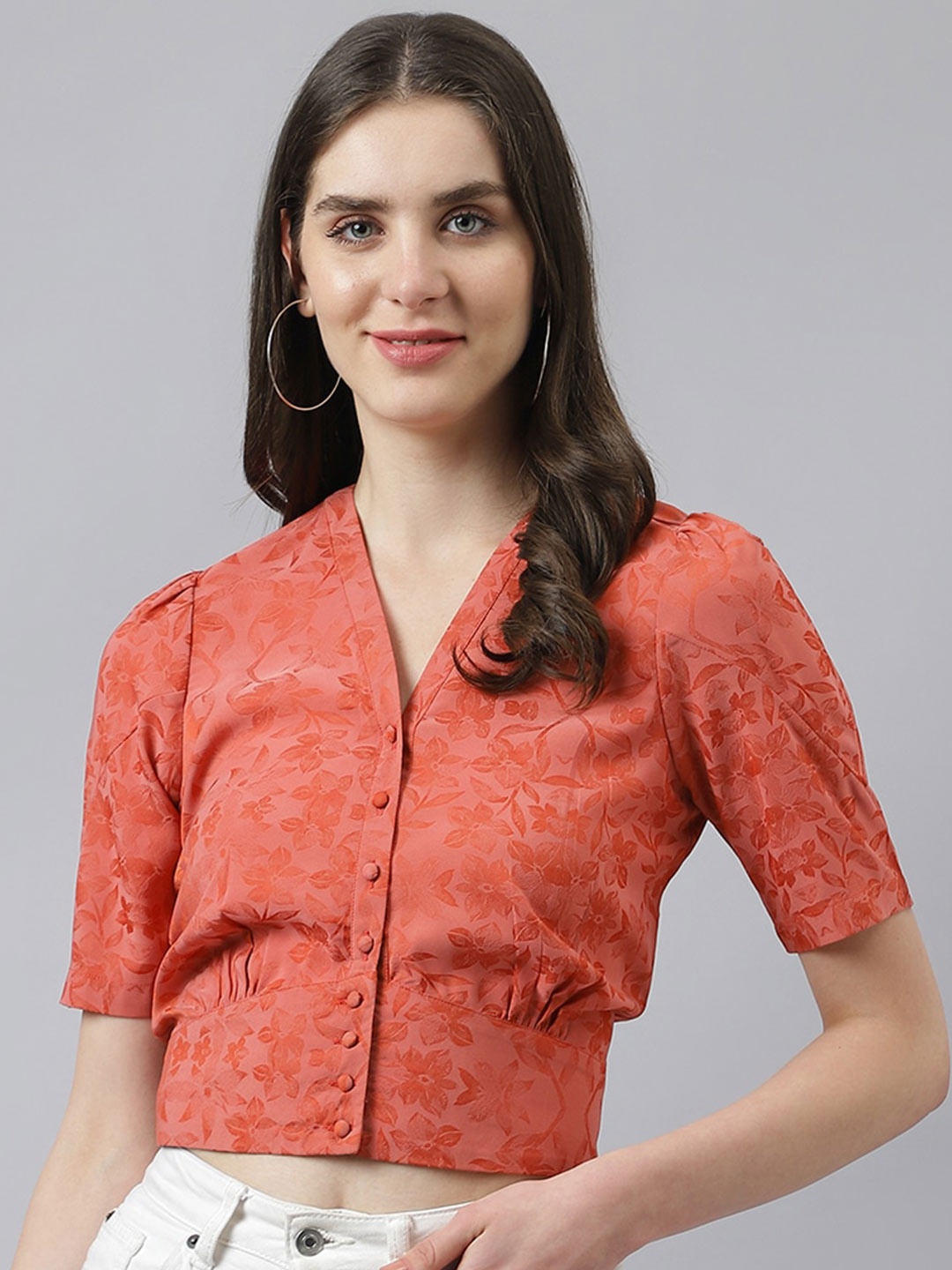 

Latin Quarters Floral Printed Shirt Style Gathered Crop Top, Red