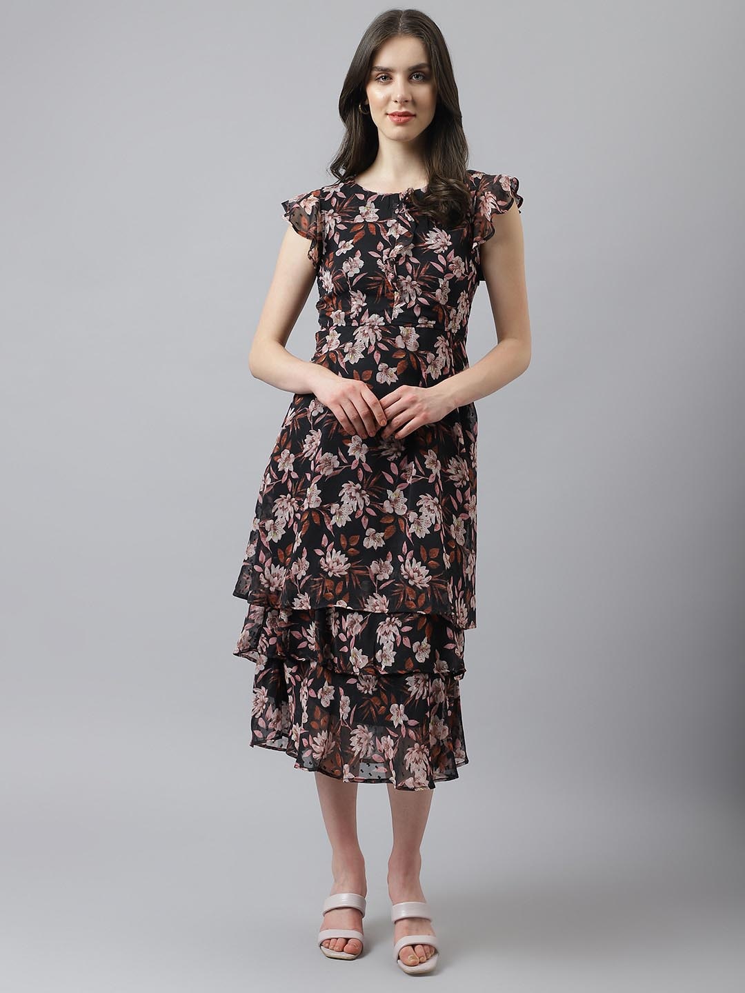

Latin Quarters Round Neck Floral Printed Layered A-Line Midi Dress, Brown