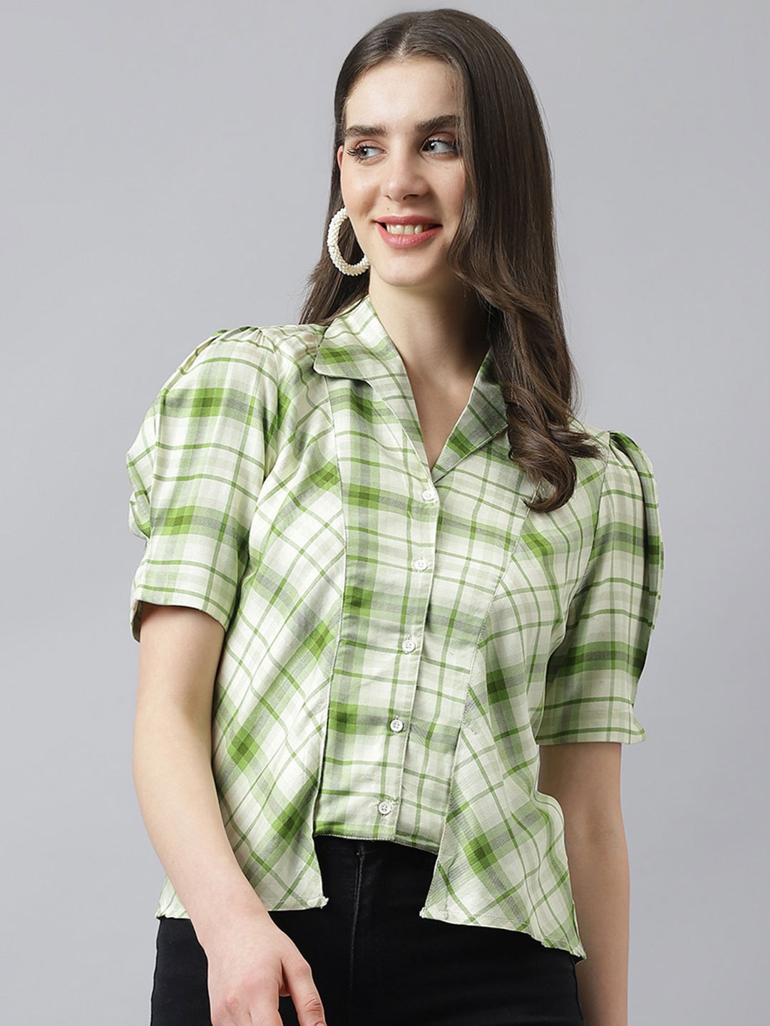 

Latin Quarters Checked Puff Sleeves Shirt Style Top, Green