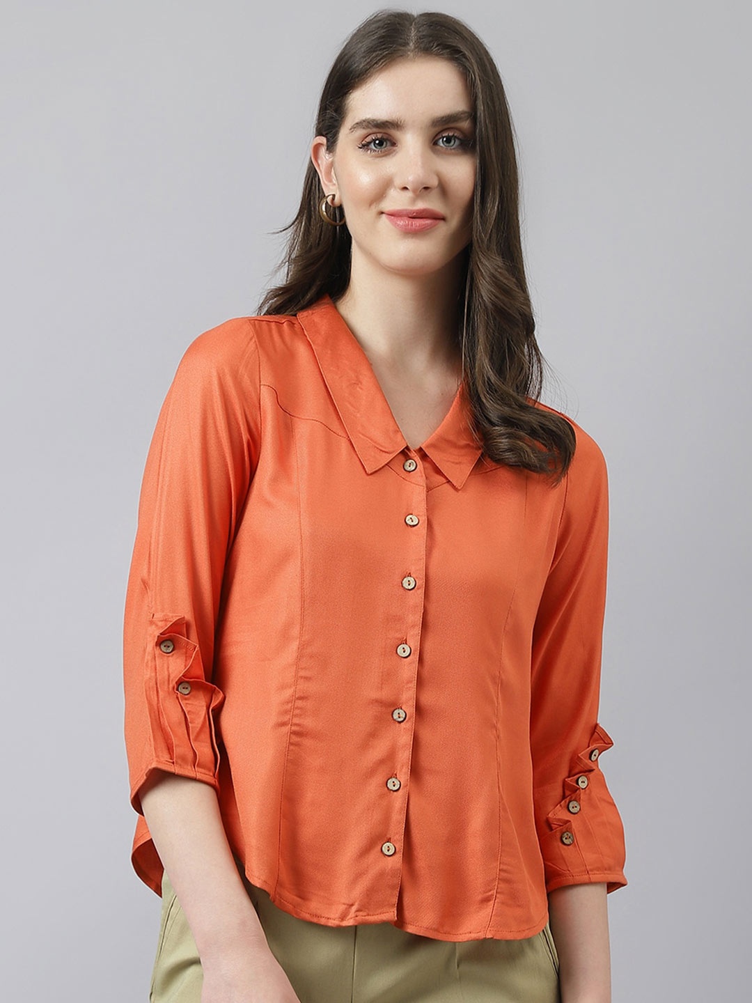 

Latin Quarters Shirt Style Cuffed Sleeves Three-Quarter Sleeves Top, Rust