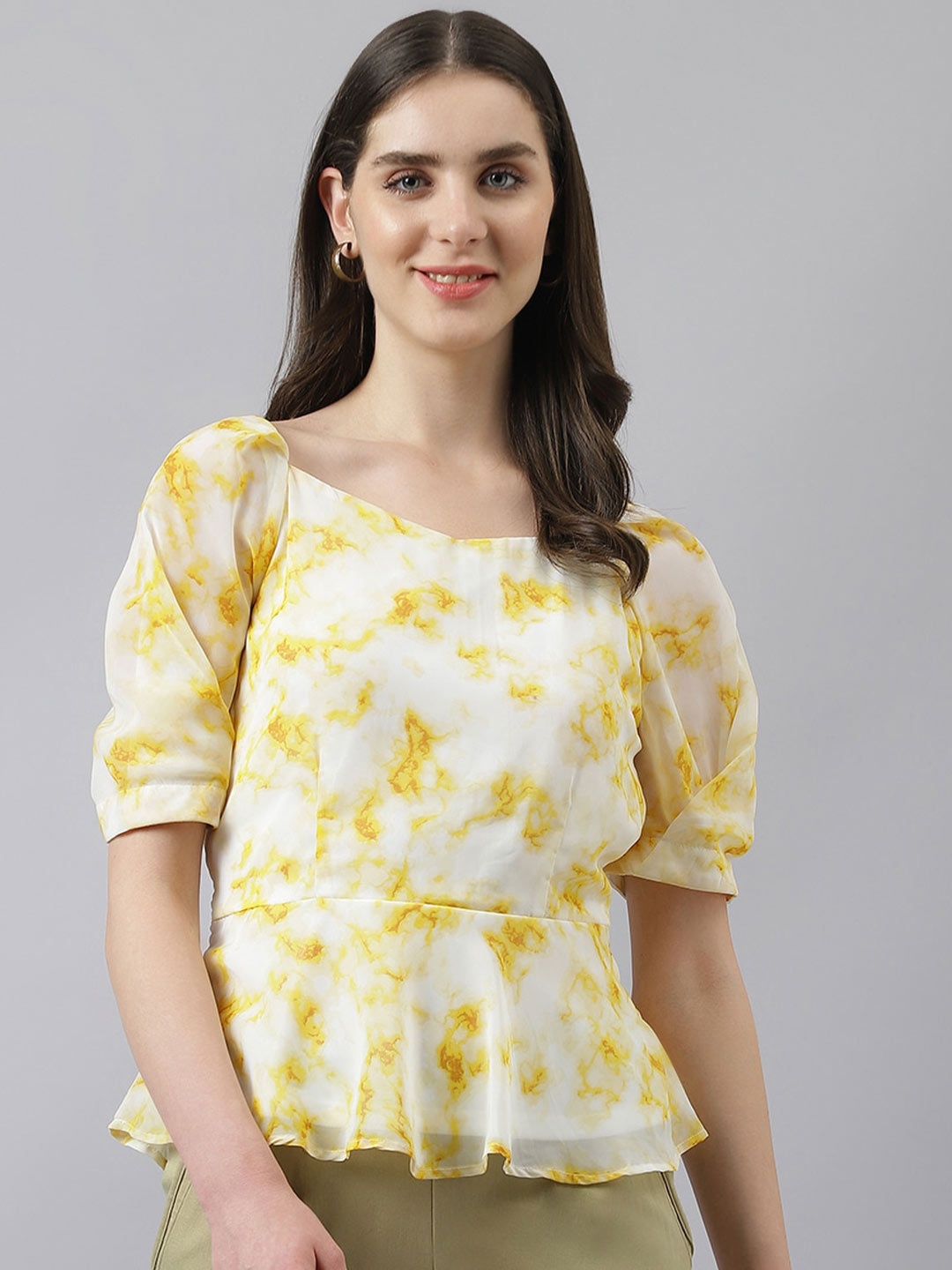 

Latin Quarters Floral Printed Puff Sleeves Peplum Top, White