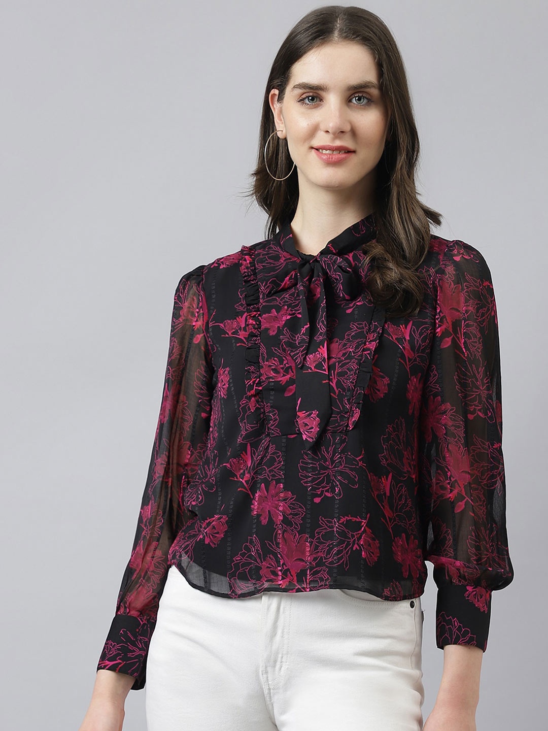 

Latin Quarters Floral Printed Tie-Up Neck Ruffled Shirt Style Top, Black