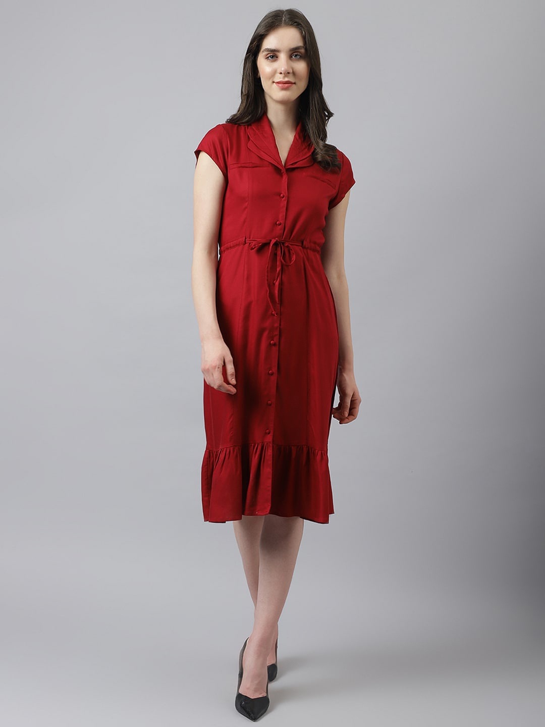 

Latin Quarters Spread Collar Tie-Up Shirt Style Midi Dress, Maroon