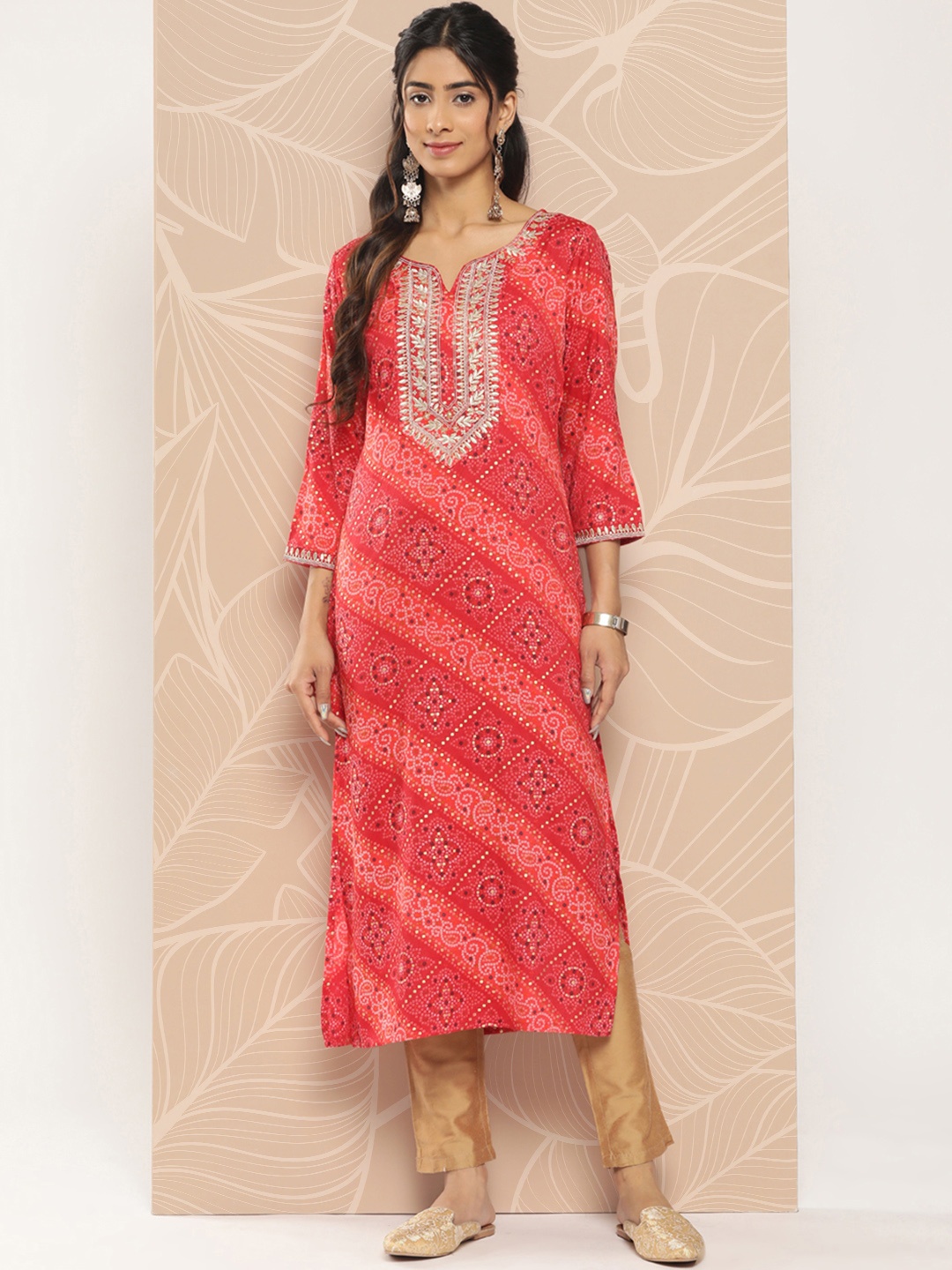 

Yufta Bandhani Printed Gotta Patti Kurta, Red