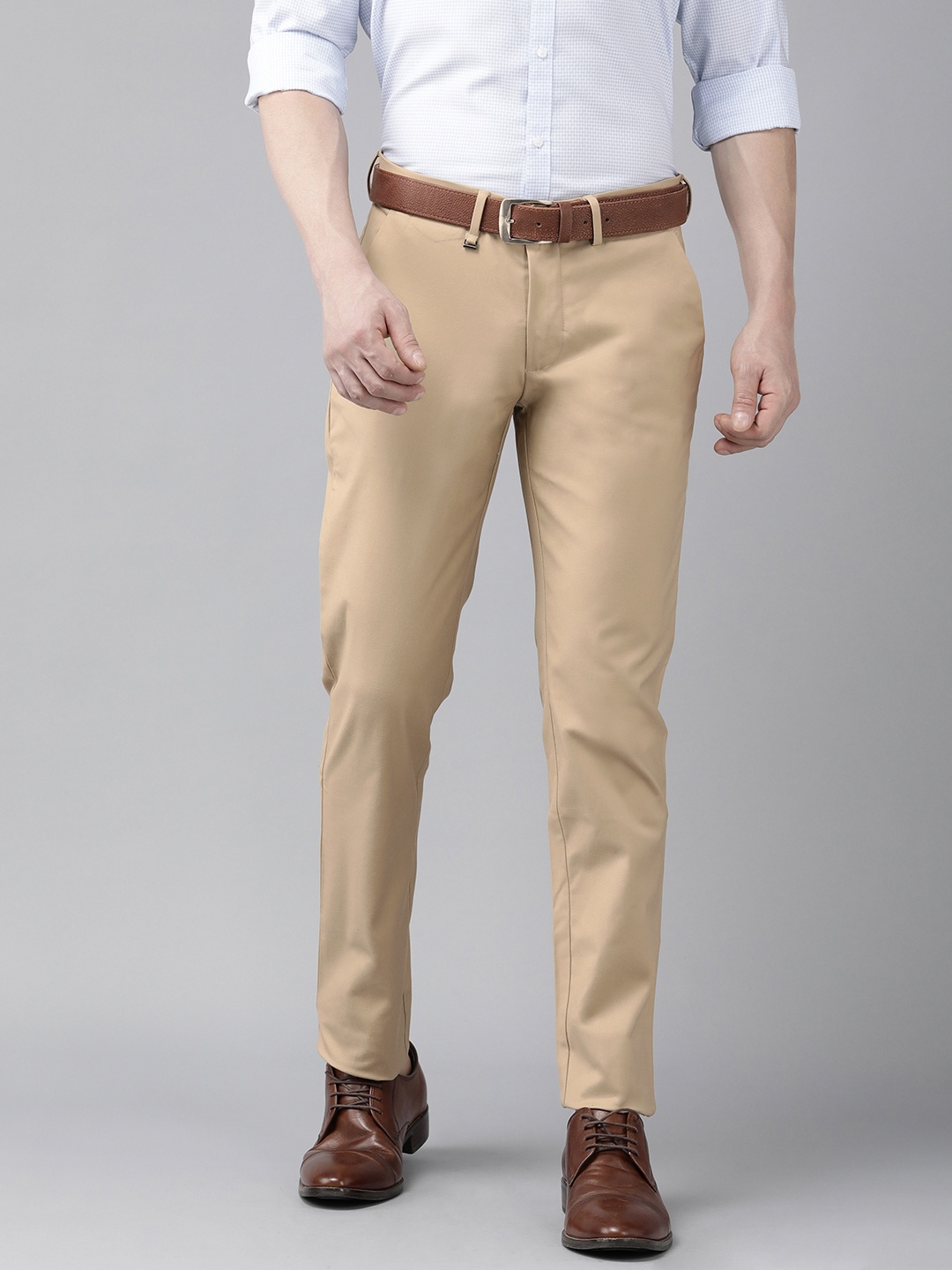 

Van Heusen Men Flat Front Mid Rise Slim Fit Formal Trousers, Beige