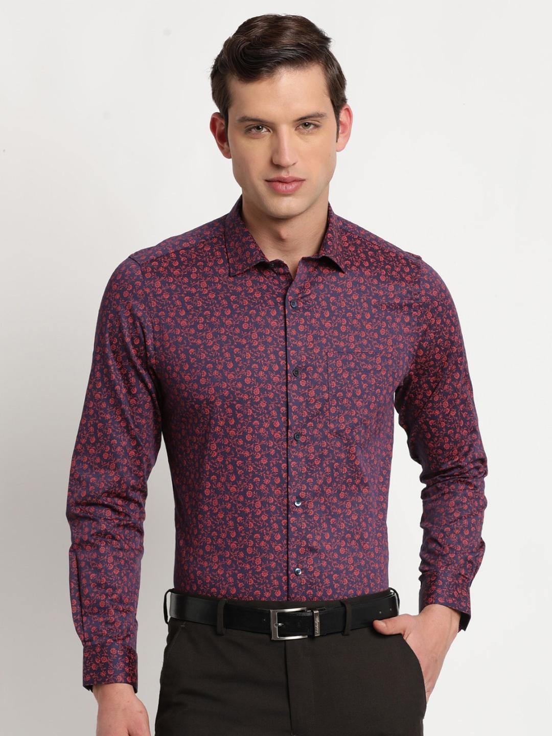 

Turtle Men Floral Printed Cotton Modern Slim Fit Opaque Formal Shirt, Navy blue