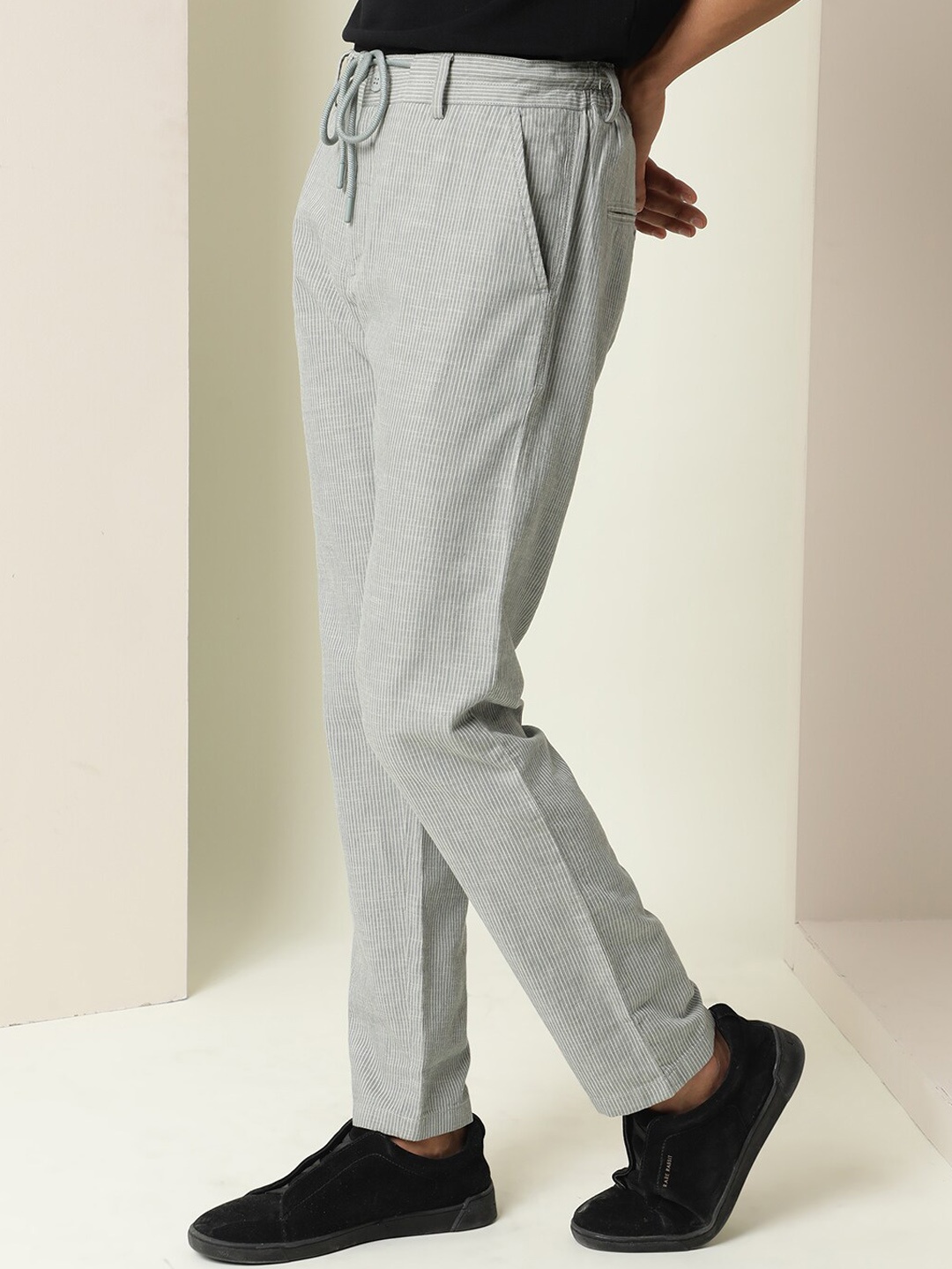 

RARE RABBIT Men Slim Fit Striped Cotton Trousers, Green
