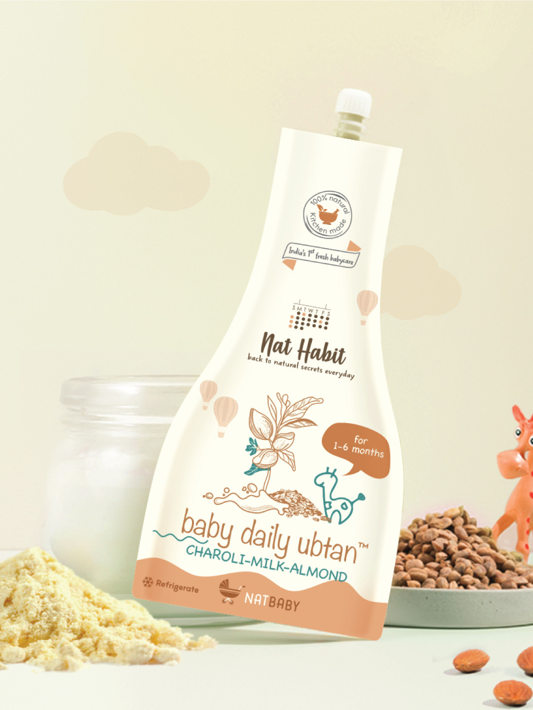 

Nat Habit Charoli Milk Almond Baby Daily Ubtan with Yogurt Sesame Oil - 80 g, Yellow