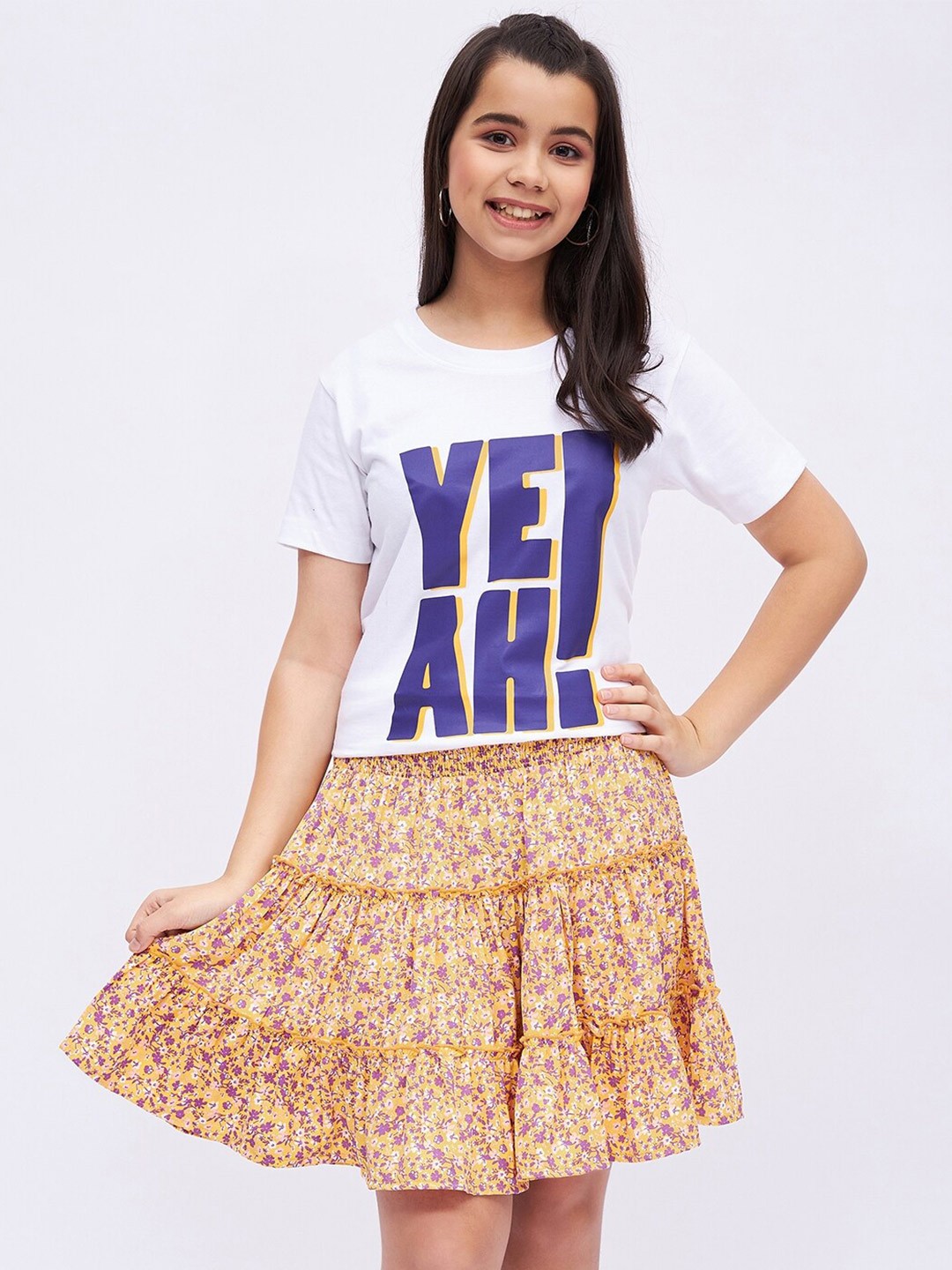 

luyk Girls Printed T-shirt with Tiered Skirt, Yellow
