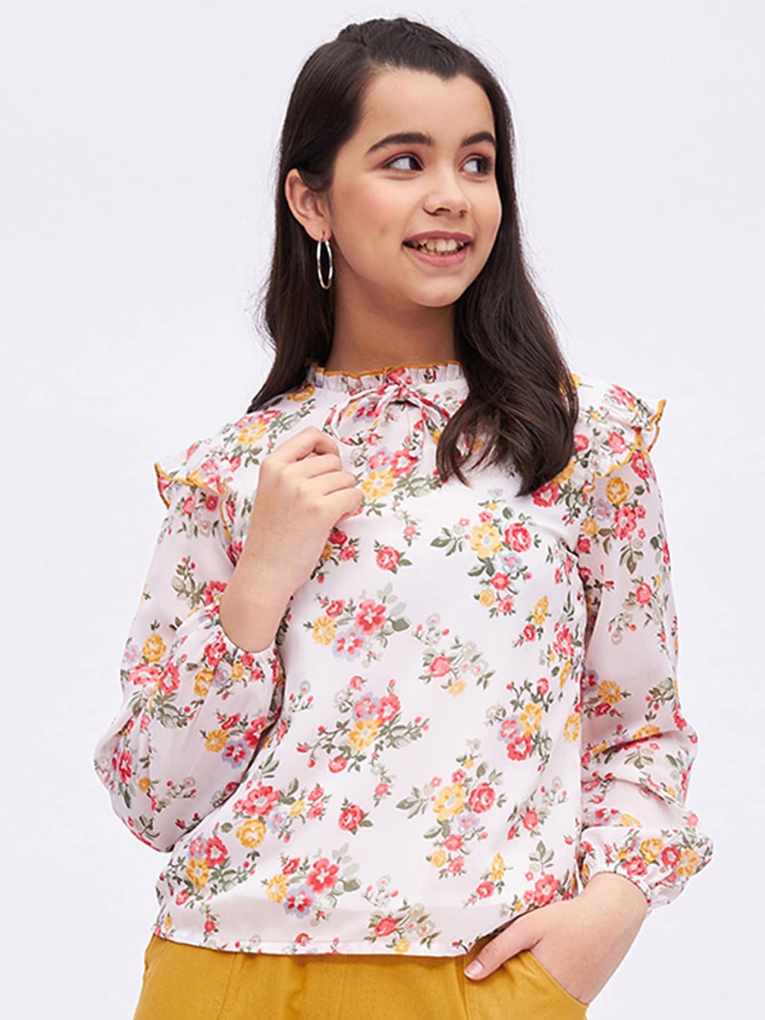 

luyk Yellow Floral Printed High Neck Georgette Top