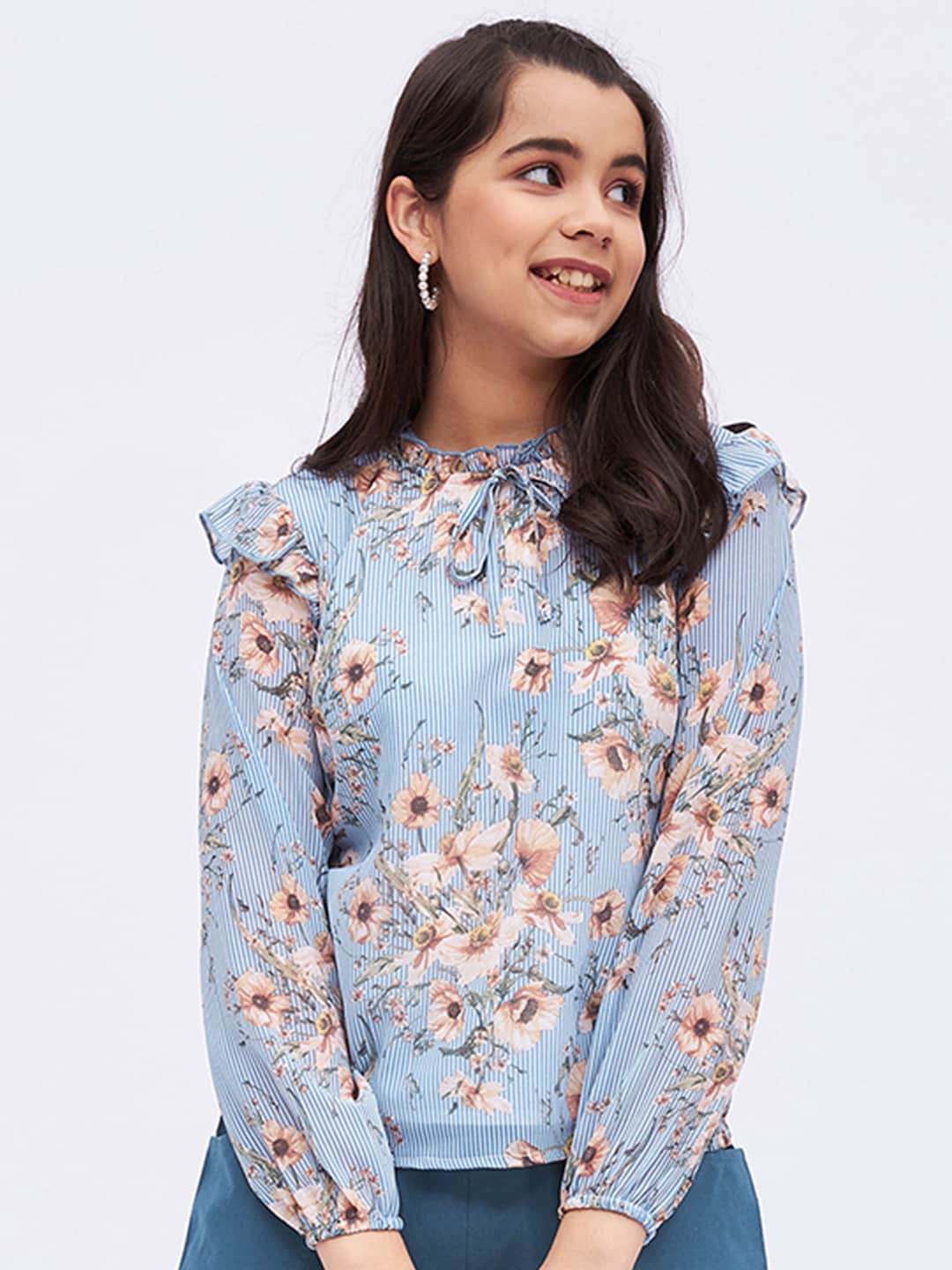 

luyk Girls High Neck Floral Printed Georgette Top, Blue