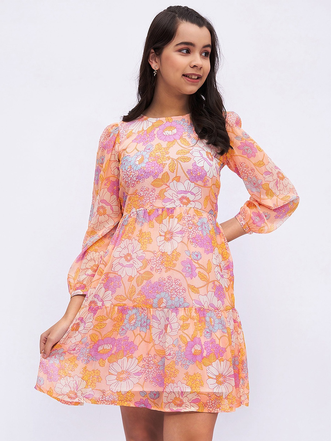 luyk Floral Printed Puff Sleeve Fit & Flare Dress, Peach