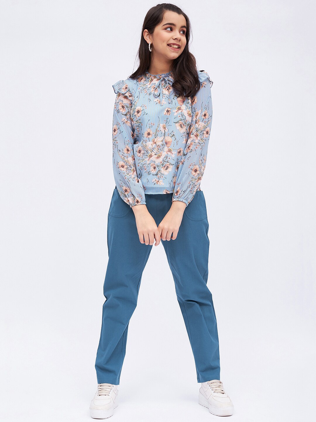 

luyk Girls Floral Printed Puff Sleeves Top with Trousers, Blue