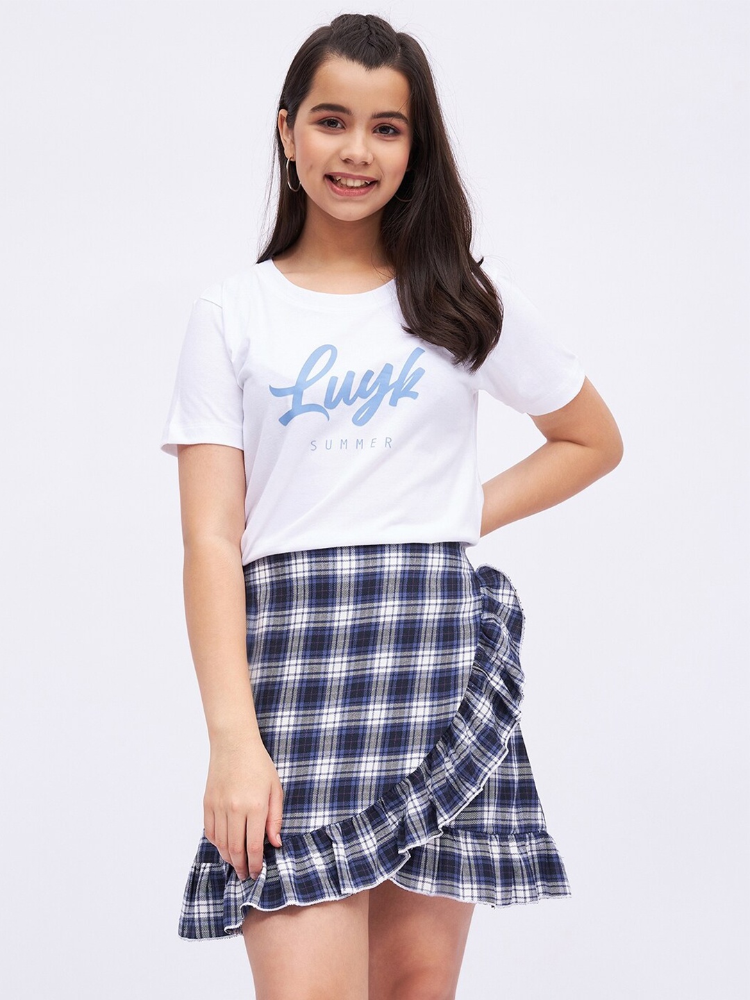 

luyk Girls Printed Pure Cotton T-shirt with Skirt, Blue