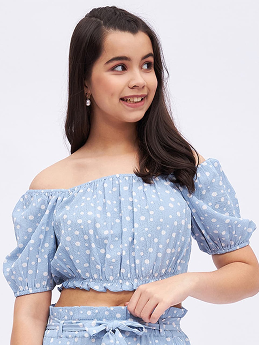 

luyk Polka Dots Printed Off-Shoulder Puff Sleeve Bardot Crop Top, Blue