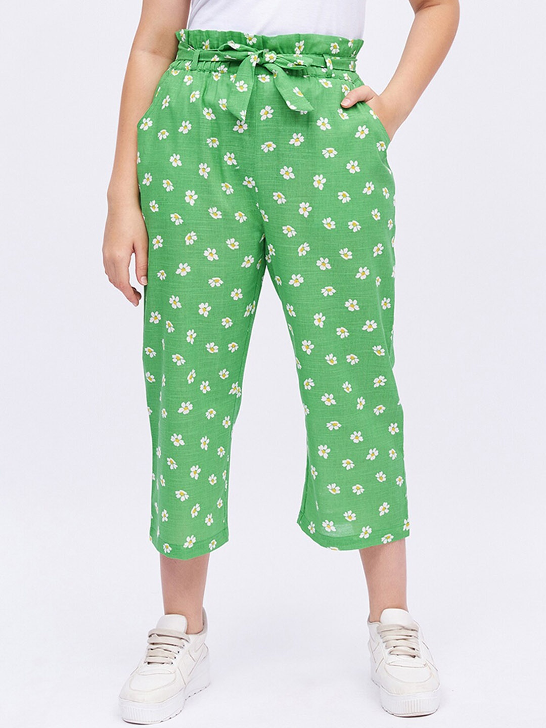 

luyk Girls Printed Cotton Smart High-Rise Easy Wash Trousers, Green