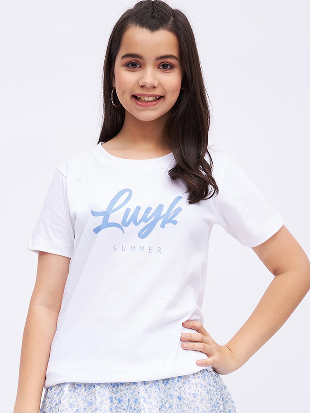 

luyk Girls Typography Printed Pure Cotton T-Shirt, White